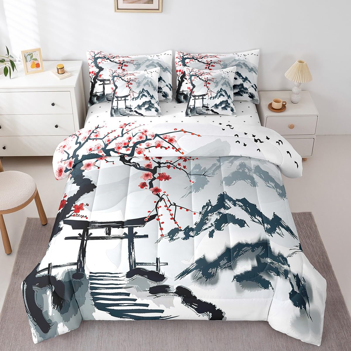 Erosebridal 7 Piece Red Cherry Blossoms Bed in a Bag Full,Chinese Ink Painting Style Sheet Set Romantic Themed Bedding with Comforter Winter Theme Floral Print Cushion Covers Botanical Flowers Bed Set