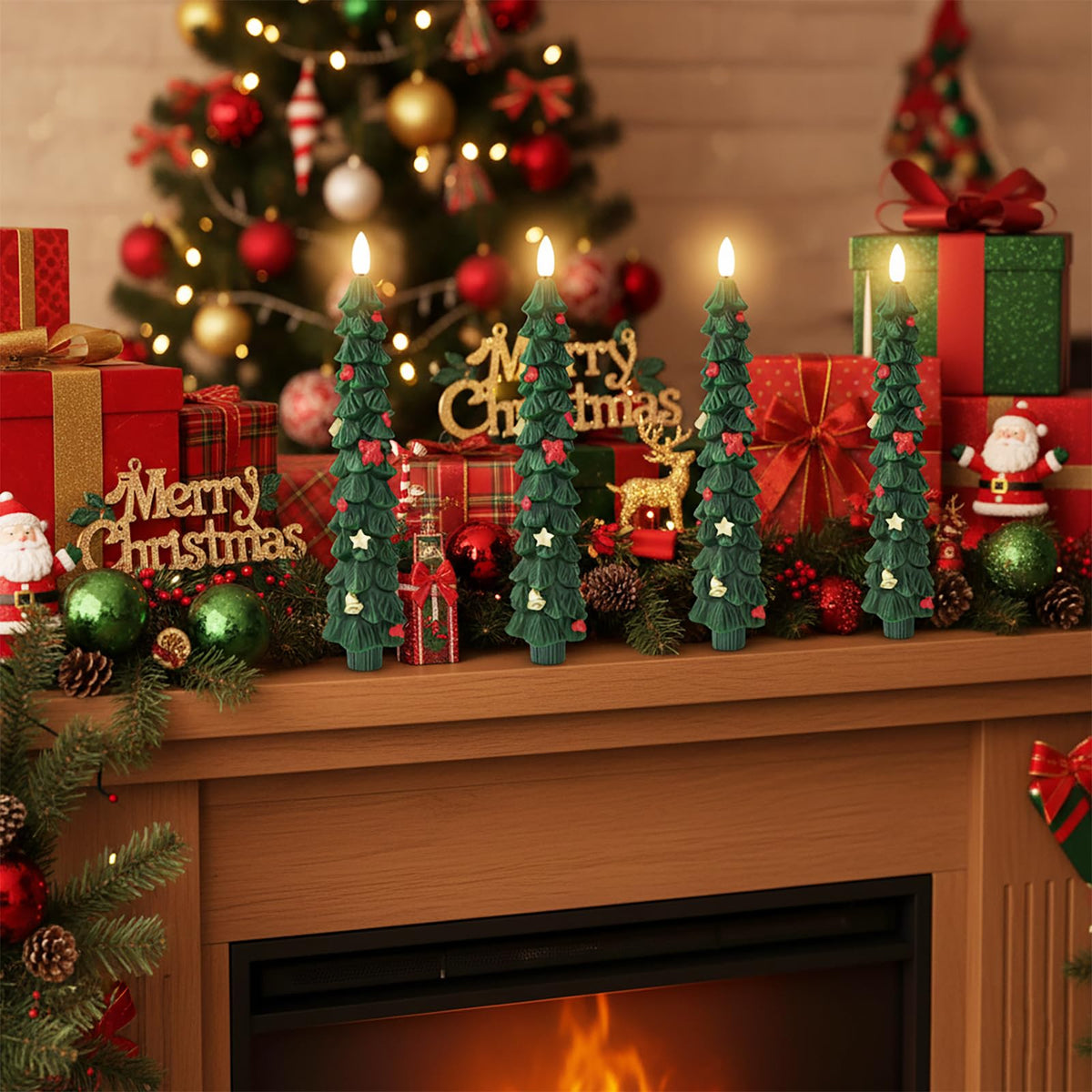 FYBW Christmas Tree Flameless Taper Candles with 10-Key Remote Timer,4 Pcs Green LED Taper Candles with 3D Flame for Holiday Dinner Decorations(Green-A)