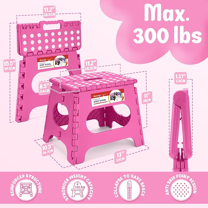 ACSTEP Folding Step Stool 11 Inch, Sturdy Plastic Foldable Step Stool for Kids & Adults, Non Slip Lightweight Collapsible Foot Stools Holds 300 lbs, Ideal for Kitchen, Bathroom, Bedroom, Rose red
