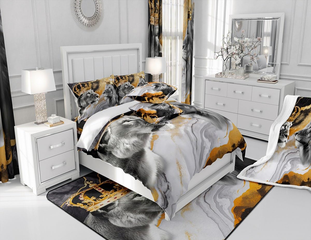 Homewish Lion Couple Duvet Cover Set Full Size,African Tropical Wild Animal Comforter Cover with 2 Pillowcases,Crown Decor Gold Black Marble Print Breathable Bedspread for Boys Teens