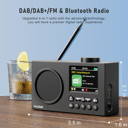 Mycket DAB Radio Portable, DAB Plus Digital Radios with Bluetooth, USB Rechargeable FM Radios, Battery Powered Small Radio,Dual Alarms Clock,Sleep Timer, 40 Presets Stations, 2.4" Large Colour Display