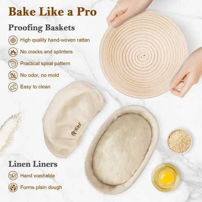 REMEIT Sourdough Starter Kit with Banneton Bread Proofing Basket Set, 9" Round & 10" Oval Proofing Basket, Sourdough Bread Baking Supplies with Starter Jar, Bread Lame, Dough Whisk and Baking Tools