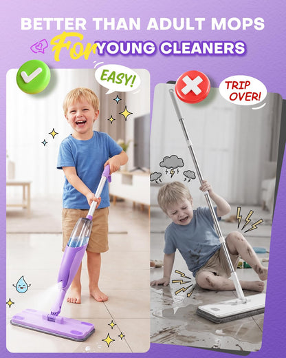 Purple Mini Spray Mop for Toddler-Montessori Cleaning Toy that Real Spray Water,Pretend Playhouse Essentials for Girls Ages 3-8,Toddler Educational Housekeeping Set