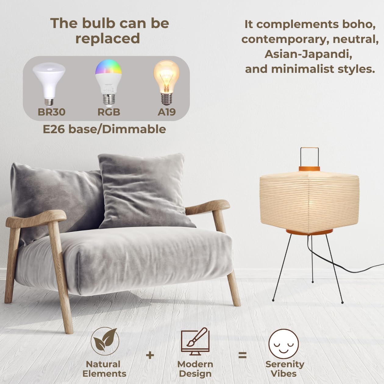 Akari Noguchi Japanese Paper Floor Lamp • Rice Paper Lantern Lamp • Japanese Japandi Floor Lamp for Soft Ambient Lighting