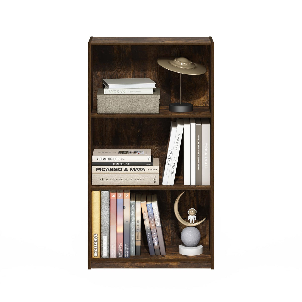 Furinno Basic Book Shelf, 3-Tier Modern Bookshelf, Bookcase with Open Shelves, 9.3 x 21.8 x 39.5, for Living Room, Bedroom, Home Office, Amber Pine