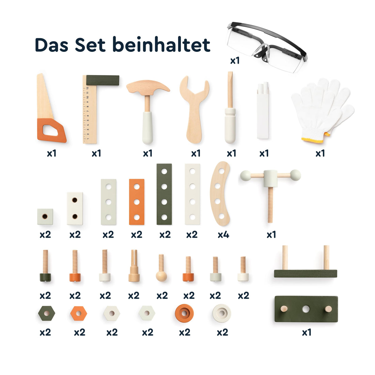JERIDOO Kids Wooden Workbench, 61-Piece Tool Bench Set with Saw, Hammer, Spanner, Screwdriver, Nuts and Bolts, Chalkboard, Safety Goggles and Gloves, Construction Toy, Pretend Play, Boys, Girls Age 3+