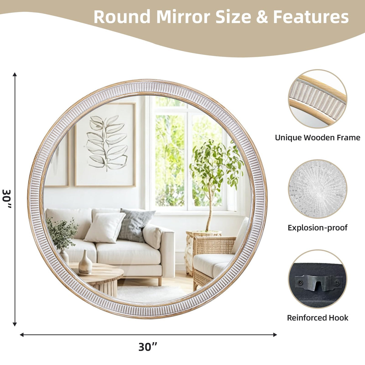30 Inch Round Mirror, Rustic Farmhouse Circle Mirrors for Wall Decor