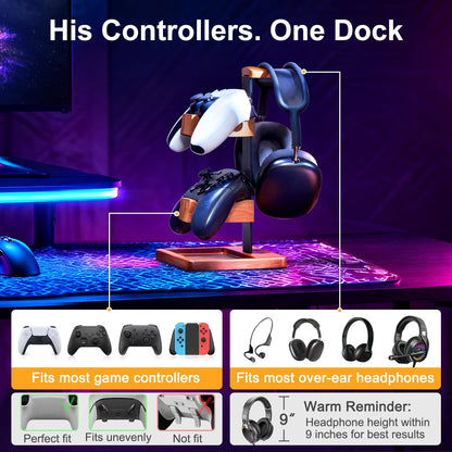 HUMANCOZY Solid Wood Controller Holder and Headphone Stand, Gaming Controller Stand for Desk, Dual Controller Organizer Rack, Fits Xbox, PS4, PS5, Gamepad, Headset Holder for Son, Husband, Boyfriend