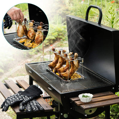 Navaris Stainless Steel Grill Tray - 2 in 1 Stand for 12 Chicken Legs or Wings - Grilling Accessory for Barbecue Grill Oven with Dip Tray