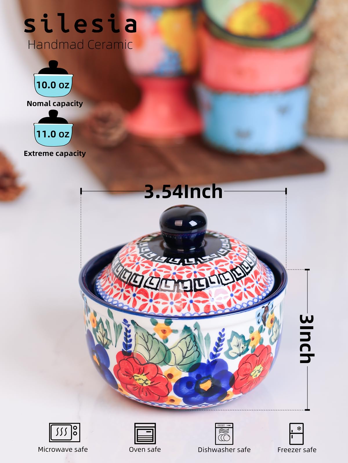silesia Handmade Sugar Bowl with Lid and Spoon, 10 Ounce Ceramic Hand-Painted Sugar Jar for Kitchen in Gift Box, Kitchen Decor, Oven, Dishwasher & Microwave Safe, Polish Garden