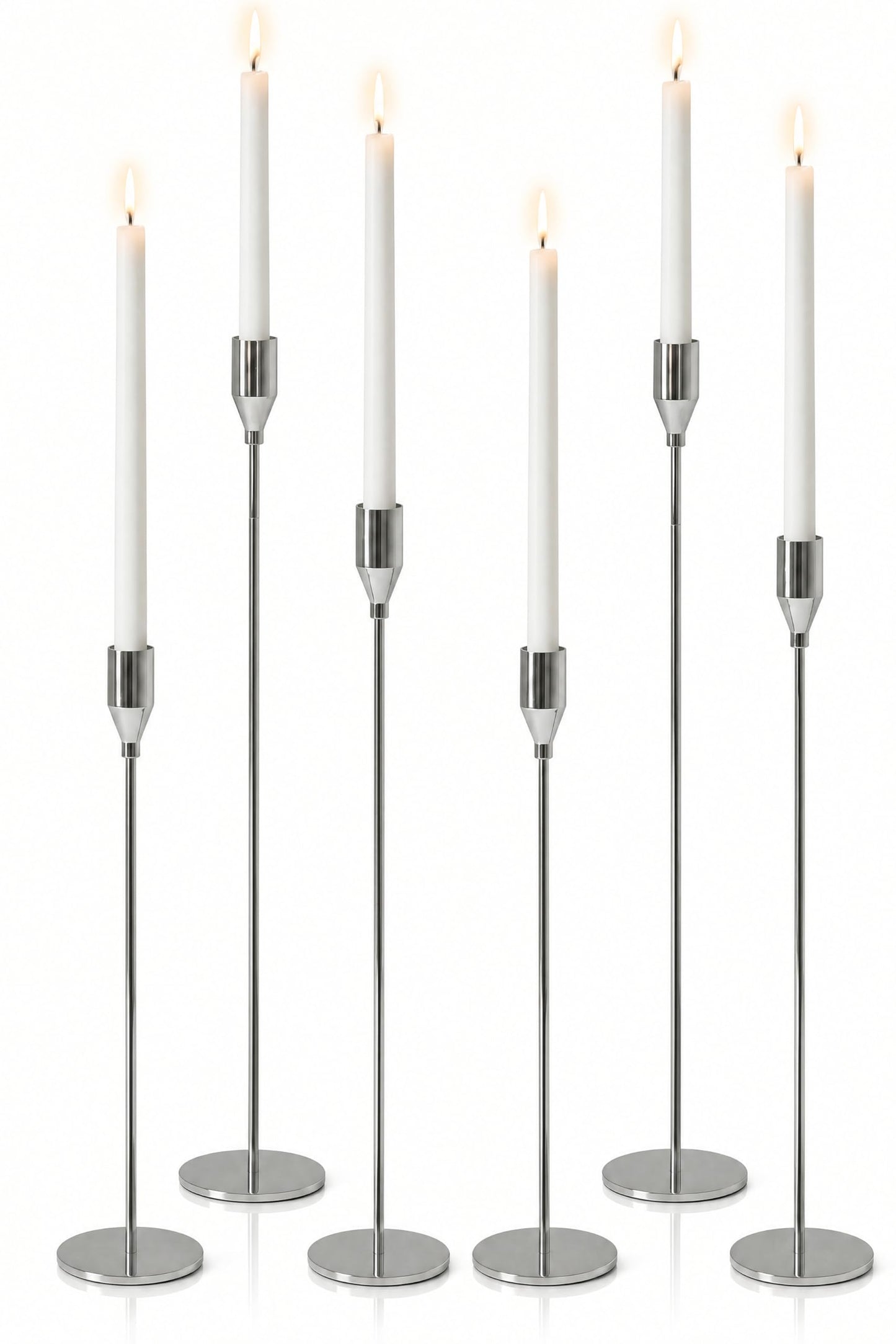 Pickood Upgraded Chrome Taper Candle Holders Set of 6, Luxury Silver Long Skinny Candlestick (Heights: 9/11/13 Inch), Heavy Iron Anti-Slip Base for Fireplace Mantle Table Centerpiece Dining Decor
