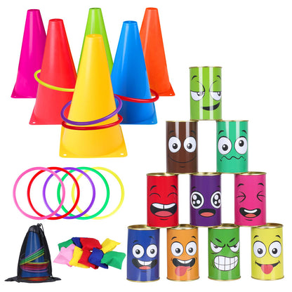Waenerec 36PCS Carnival Games Combo Set 4 in 1 Bean Bag Toss Can Games Plastic Cone Ring Toss Game for Indoor Outdoor School Field Day Birthday Party Yard Game for Kids Adults