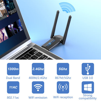 ElecMoga 5dBi Dual Band 5GHz USB Wifi Computer Adapter, 1300Mbps, Supports Windows 11/10/8/7/Vista/XP, Mac OS 10.9-10.15