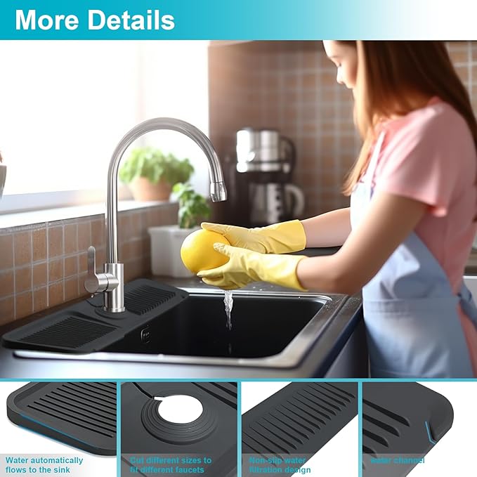 24 Inch Kitchen Sink Splash Guard，5°Slope Fast Draining Silicone Mat