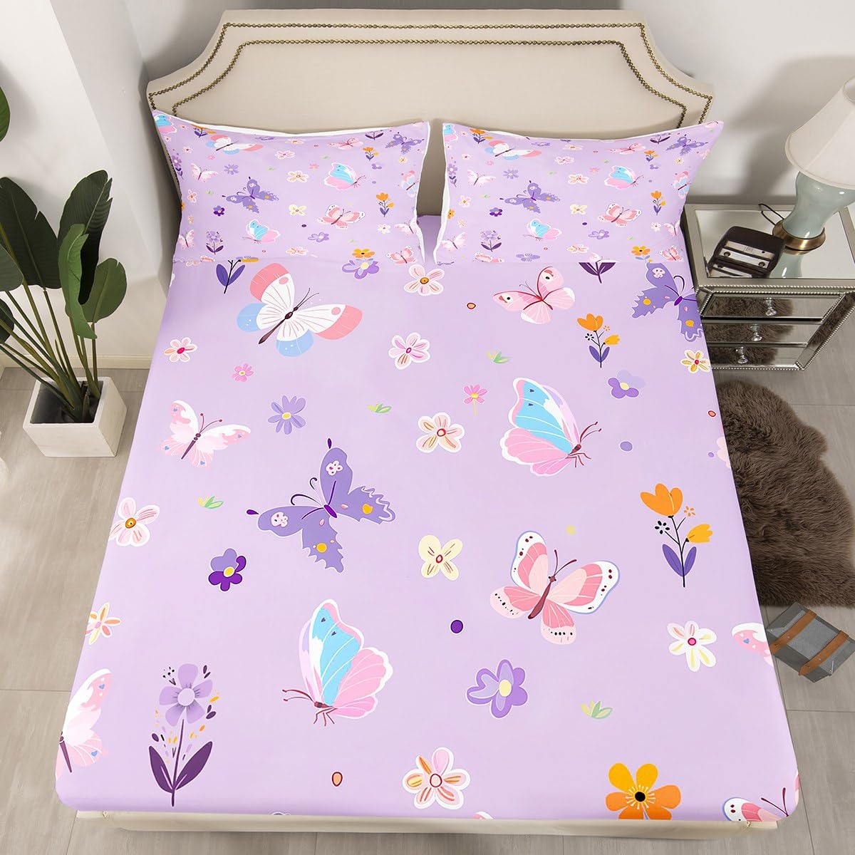Erosebridal Purple Floral Twin Fitted Sheet,Cute Butterfly Bedding Set for Kids Girls Teen,Coquette Flower Bed Set,Dreamy Flowers Garden Bed Sheets 2Pcs Bedroom Decor (No Flat Sheet)