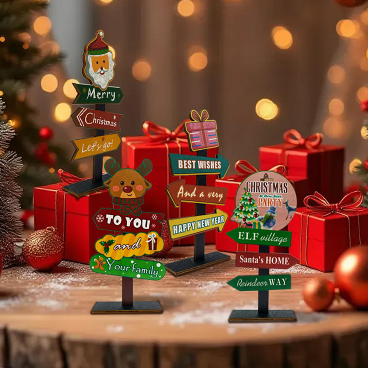 YvSuZeBuDa Christmas Table Decorations, 4 Piece Wooden Rectangular Sign Boards, Rustic Farmhouse Style, Polychrome, 8.86 x 4.72 Inches, Wall Mount with Twine, Cozy Theme