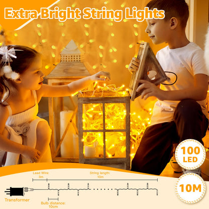 Ollny 10m 100 LED Fairy Lights Mains Powered, Outdoor Waterproof String Light with Remote/Plug/Modes/Timer, Bright Warm White Lighting Outside Indoor Garden Tree Decorations