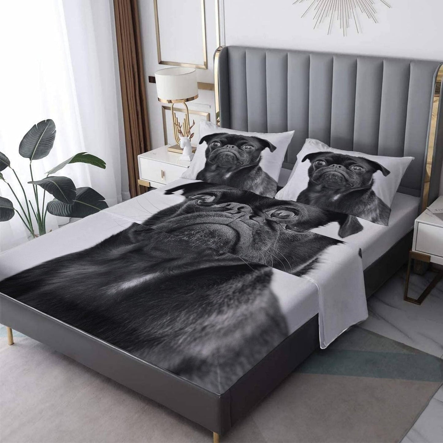THYUNQ Pug Sheets Full Size Bed, 3D Animal Dog Pattern Bedding Sheets & Pillowcases - 16 Inch Deep Pocket, Super Soft Microfiber Printed Sheet Set 4 Piece