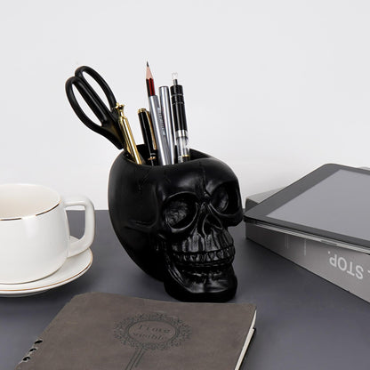 Philo Fun Black Skull Makeup Brush Holder, Skull Head Pen and Pencil Holder, Goth Skull Decor Desktop Organizer for Office Vanity Dresser Bathroom