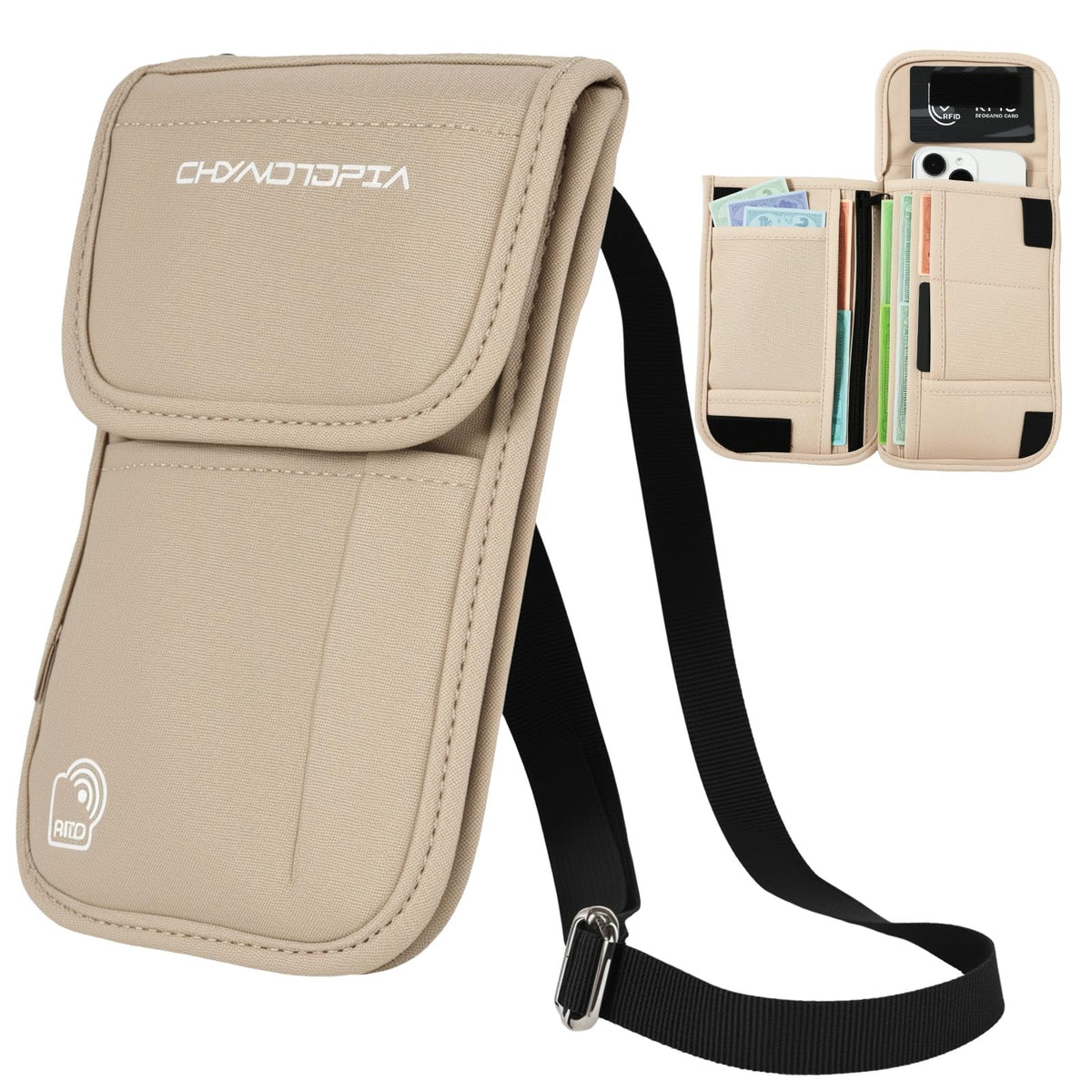 Neck Wallet & RFID Blocking Passport Holder for Travel – Waterproof Hidden Travel Wallet with Card Slots, Adjustable Strap, Portable Document Organizer for Men, Women (Gift) Khaki