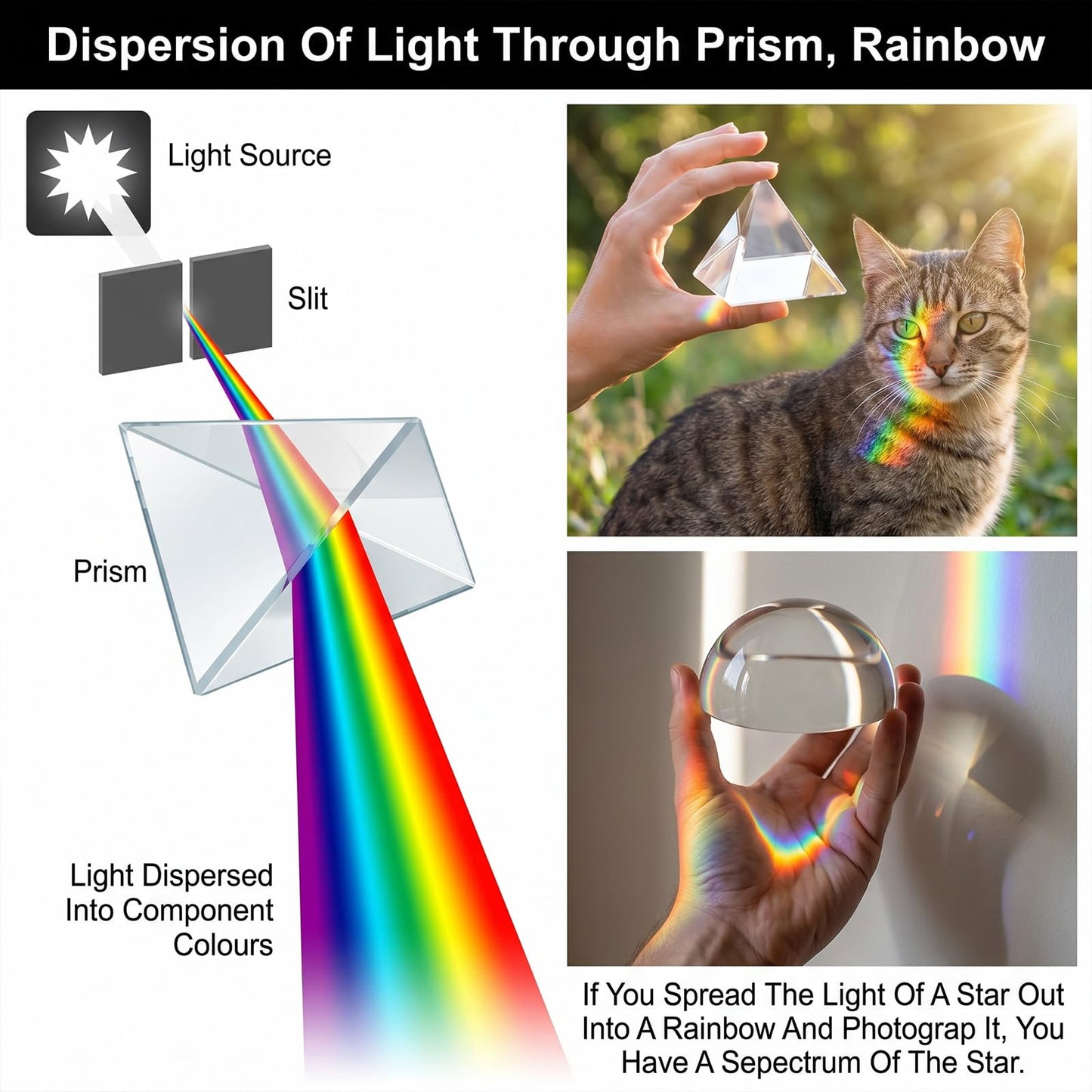 6 Pack K9 Optical Crystal Photography Prism Set Include 50mm and 150mm Clear Triangular Prism 50mm Lens Ball, Cube,Optical Pyramid and 60mm Dome Magnifying for Photography Effects Physics Optics