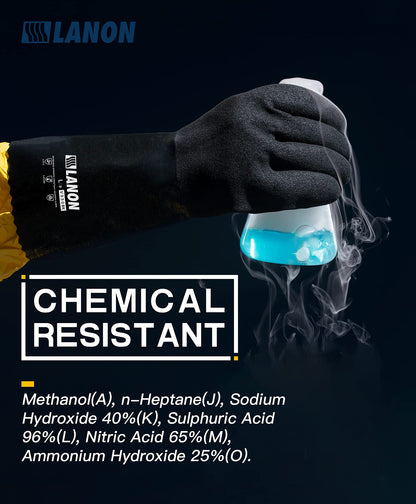 LANON Black Nitrile Chemical Gloves, Reusable Thick Rubber Gloves, Heavy Duty, MicroFoam Textured Palm, Acid and Oil, EN 388/374, L/9
