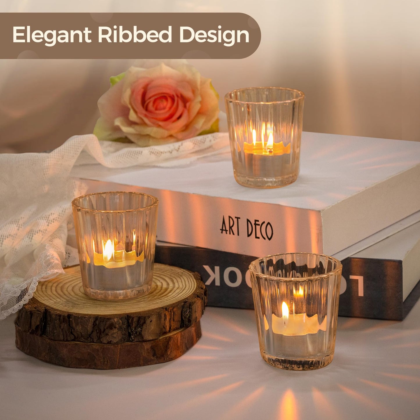 ComSaf Votive Candle Holders, 6 PCS Glass Candle Holders, Ribbed Tealight Candle Holder for Table Centerpieces, Gold Candle Holder for Wedding, Party, Baby Shower, Special Occasions, Fall Home Decor