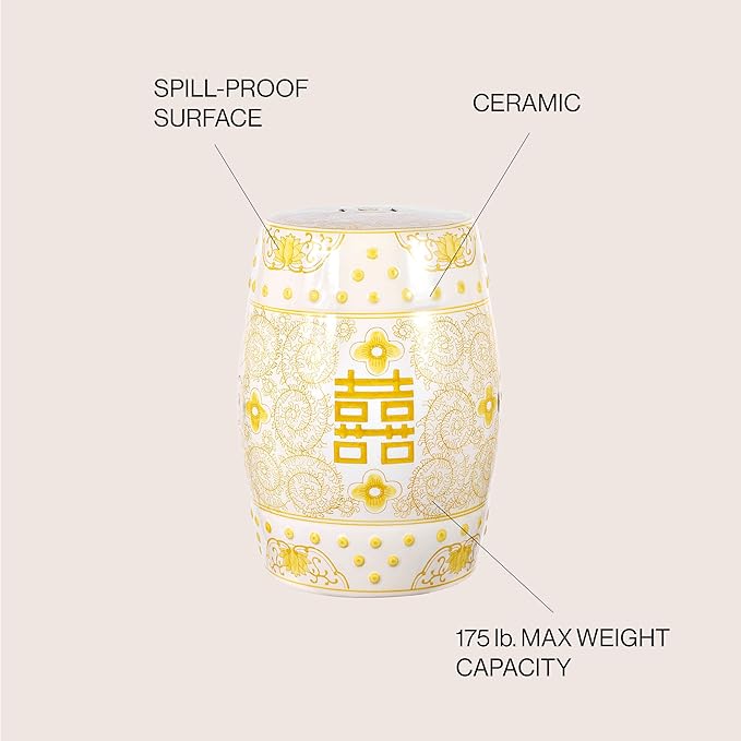 JONATHAN Y TBL1013B Double Happiness 18" Chinoiserie Ceramic Drum Indoor/Outdoor Garden Stool Bohemian, Coastal, Classic, Cottage,Traditional, Patio, Garden, Bathroom, Living Room, Yellow/White