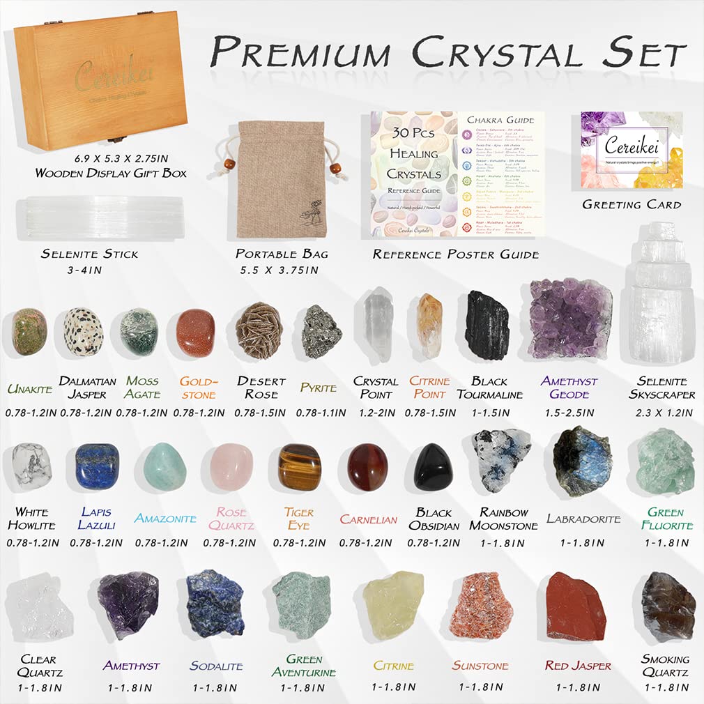 30 PCS Crystals and Stones Set, Natural Raw Healing Crystals and Tumbled Chakra Stones, Premium Protection Crystal Gift Kit Display in Wooden Box with Info Guide, Meditation, Yoga, Home Decor