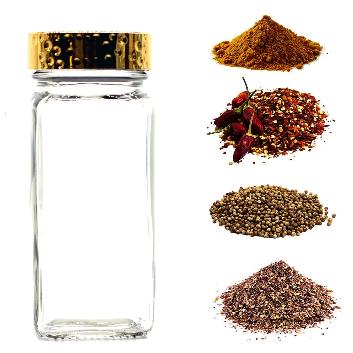 Tianifa 6pcs Gold Spice Jars, 4 oz Glass Seasoning Bottles, Spices Container, Empty Spice Jars, Square Spice Bottles with Airtight Plastic Caps with Shaker Lids
