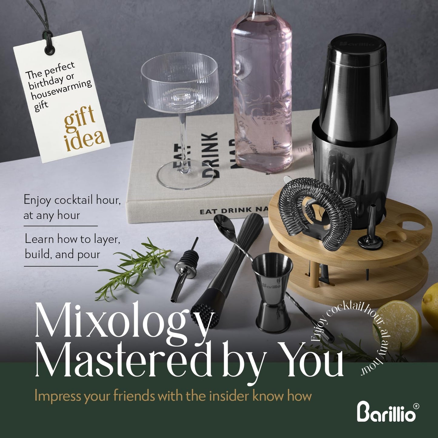 Barillio Black Mixology Bartender Kit with Stand - Cocktail Shaker Set with Bamboo Stand, Boston Drink Shaker, Mojito Muddler, and Drink Mixer Spoon - 9-Piece Bar Tools Set - Bar Accessories for Home