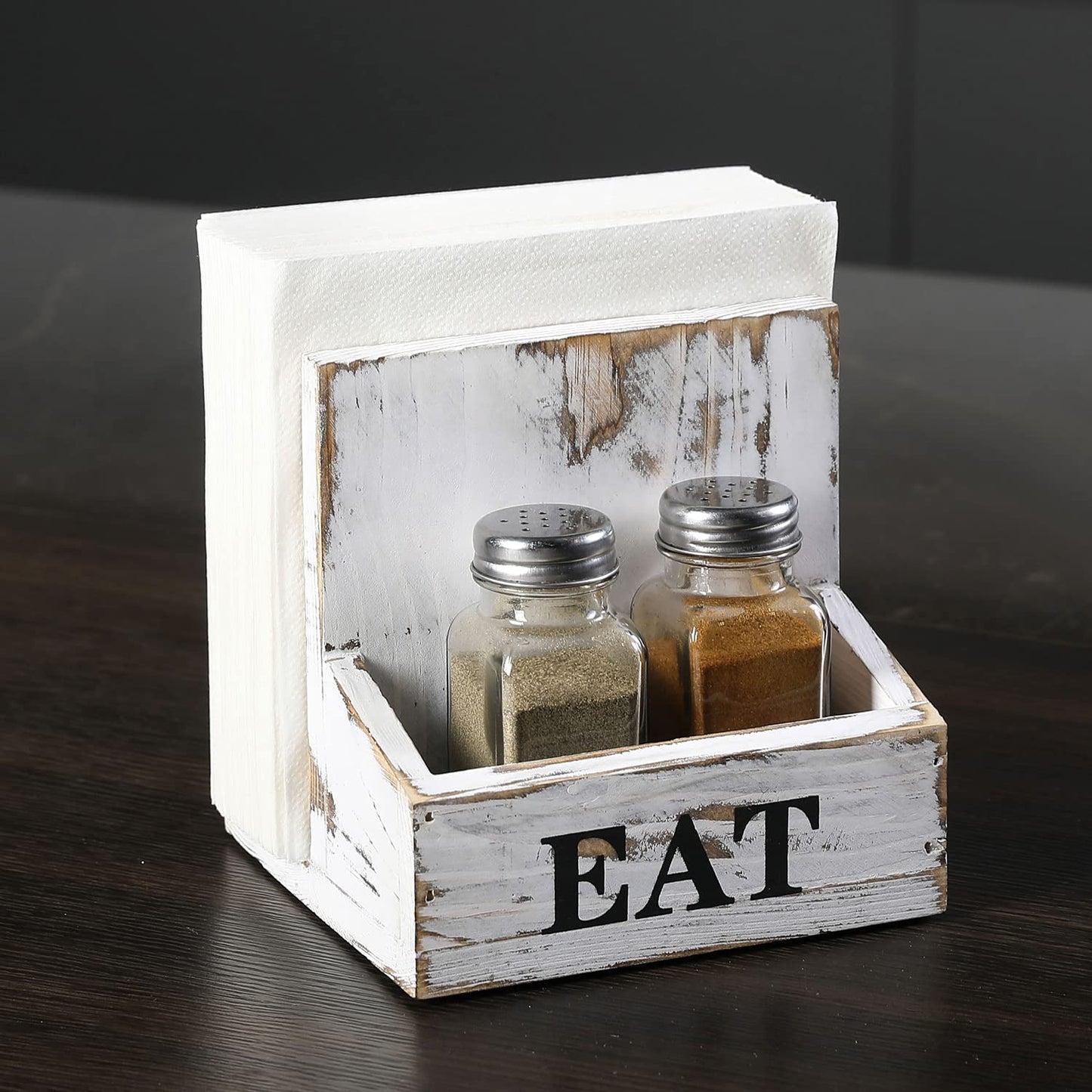 MyGift Napkin Holder for Table, Wood Napkin Holder with Salt and Pepper Shakers Set, Condiment Caddy with Bold Black Printed EAT Design, Standing Paper Napkin Storage for Kitchen Dining Table Decor
