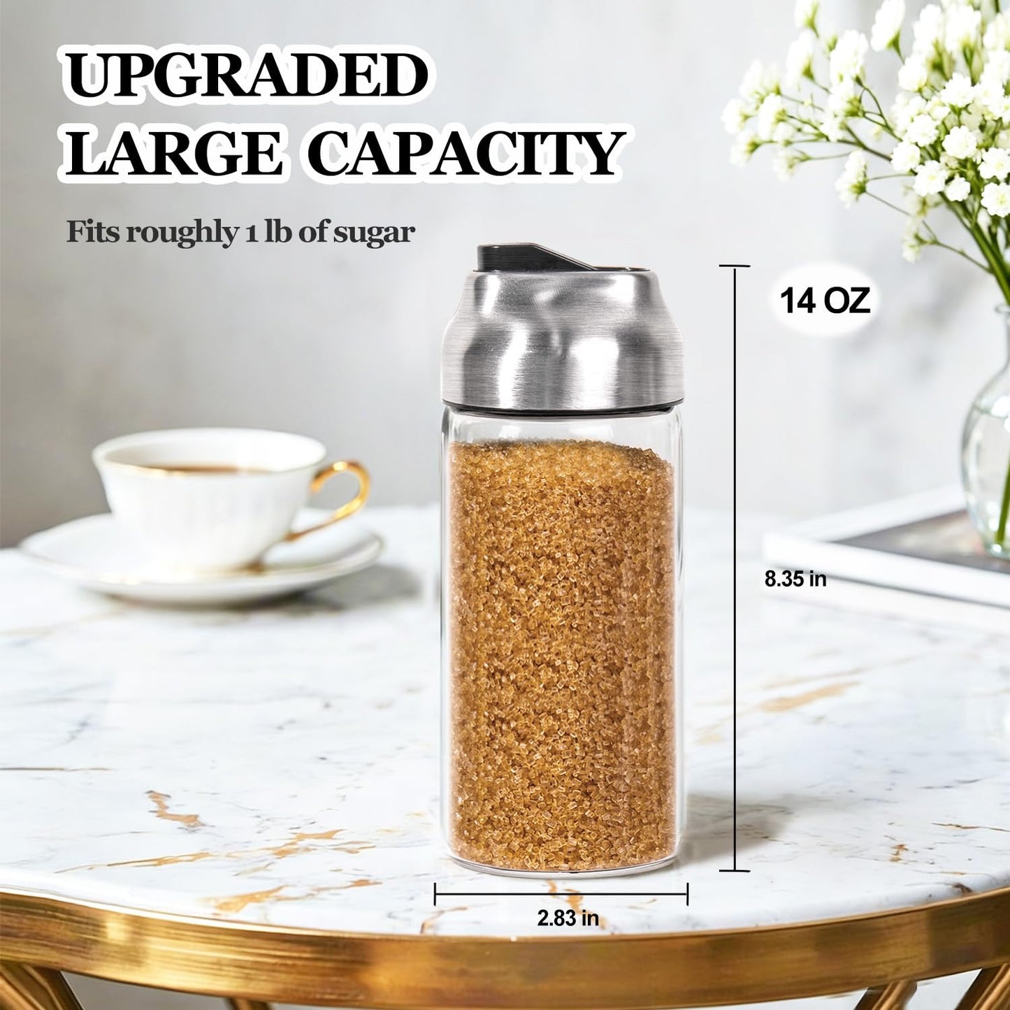 14oz Glass Sugar Dispenser with Spout - Refillable Pour Shaker for Coffee Bar, Tea Station & Table - Large Airtight Sugar Container for Kitchen Counter