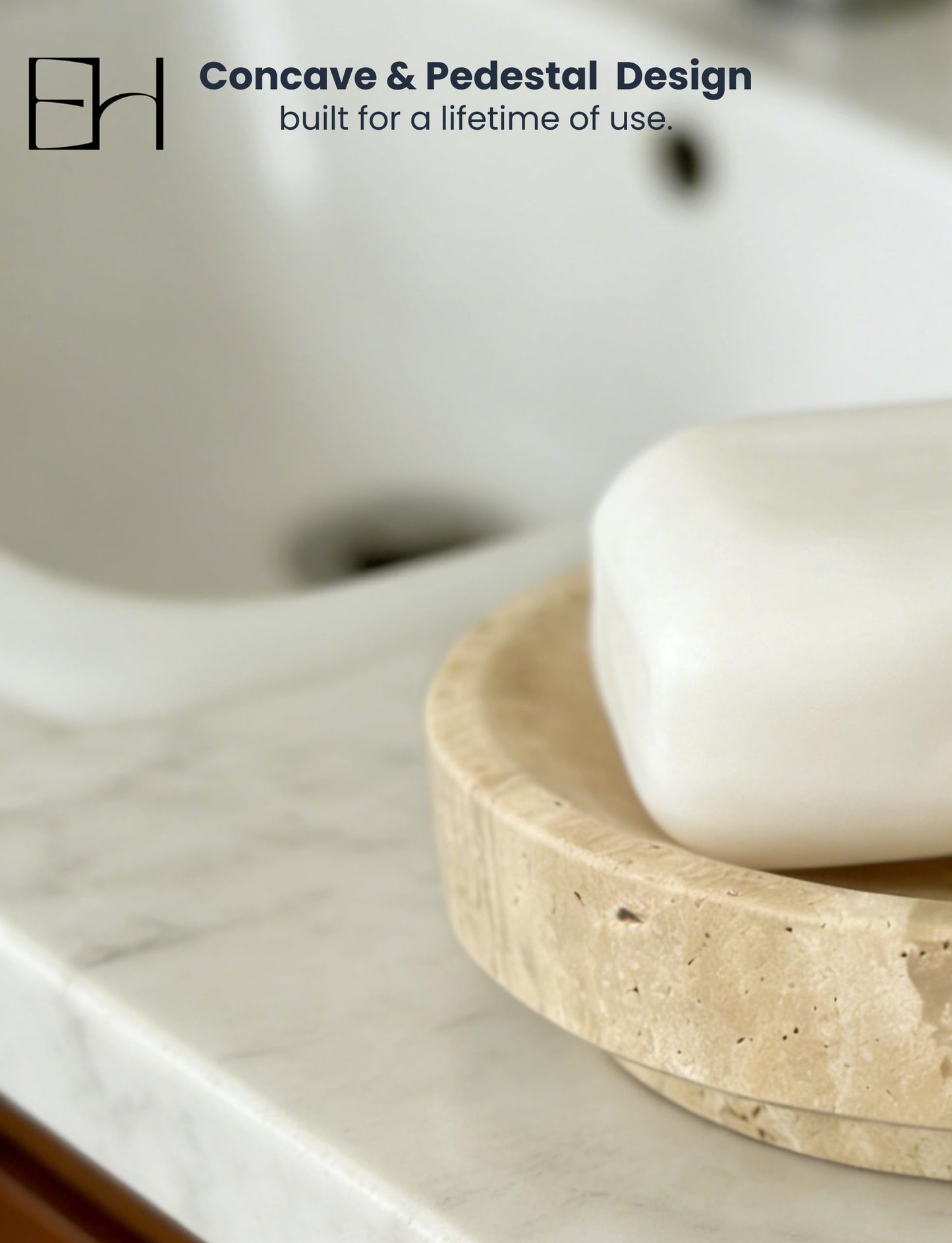 Marble Soap Dish, Pedestal Round Soap Holder for Shower, Stone Soap Tray for Bathroom Kitchen Counter Sink, Bar Soap Saver & Vanity Organizer (Beige Travertine)