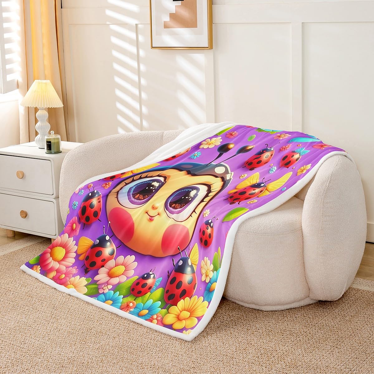 Erosebridal Cartoon Ladybugs Fleece Blankets Cute Ladybird Flowers Throw Bed Blanket Throw 50"X60" for Kids Boys Girls,Pink Blue Watercolor Floral Sherpa Blankets Kawaii Ladybugs Animal Fuzzy Blanket