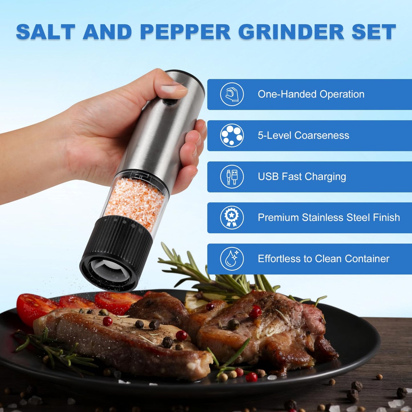 JXAVO 2 Pack Electric Salt and Pepper Grinder Set, Salt and Pepper Shakers with LED Light, USB C Dual Charging Base, Adjustable Coarseness, One-Hand Operation, Large Capacity for Kitchen, Dining & BBQ