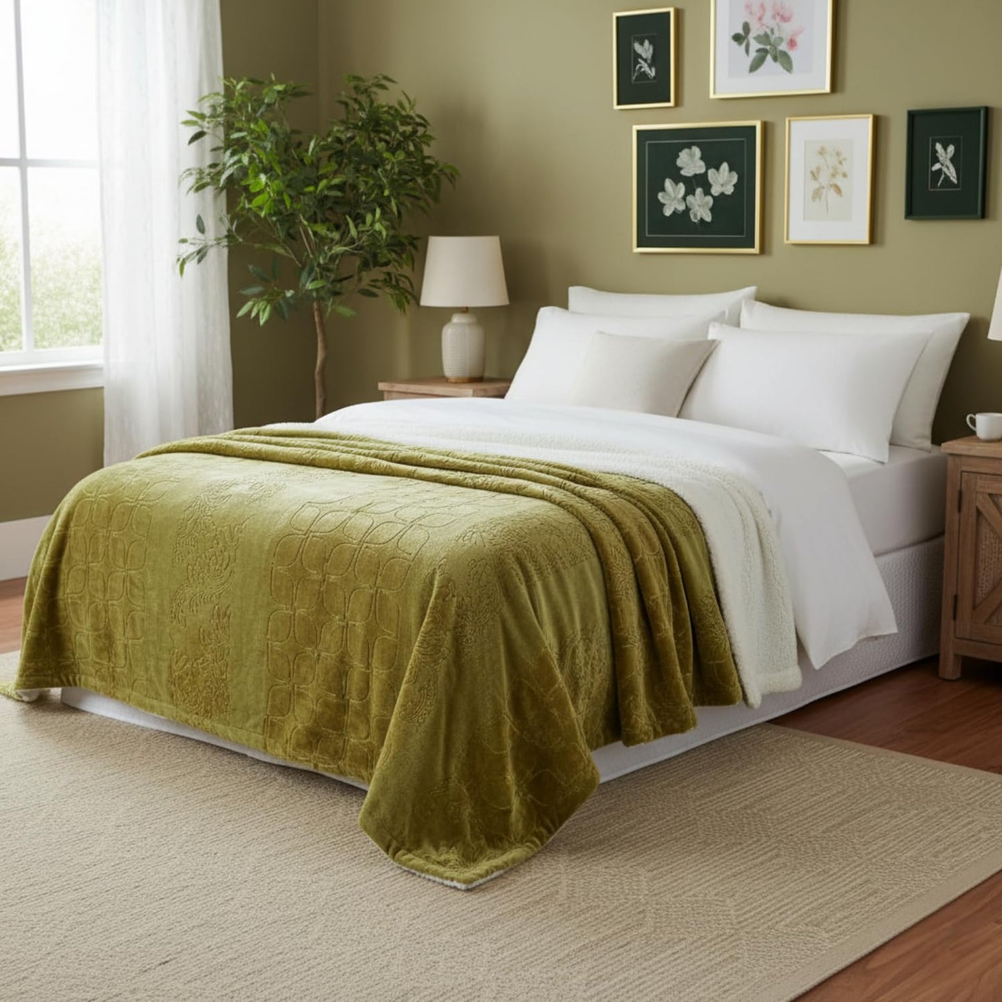 Tache Green Sherpa Bed Blanket - Earth Day - Spring Chartreuse Embossed Cozy Light Olive Green Luxury Super Soft Warm Decorative Queen Size Flannel Throw Blanket - 90X90 Inch
