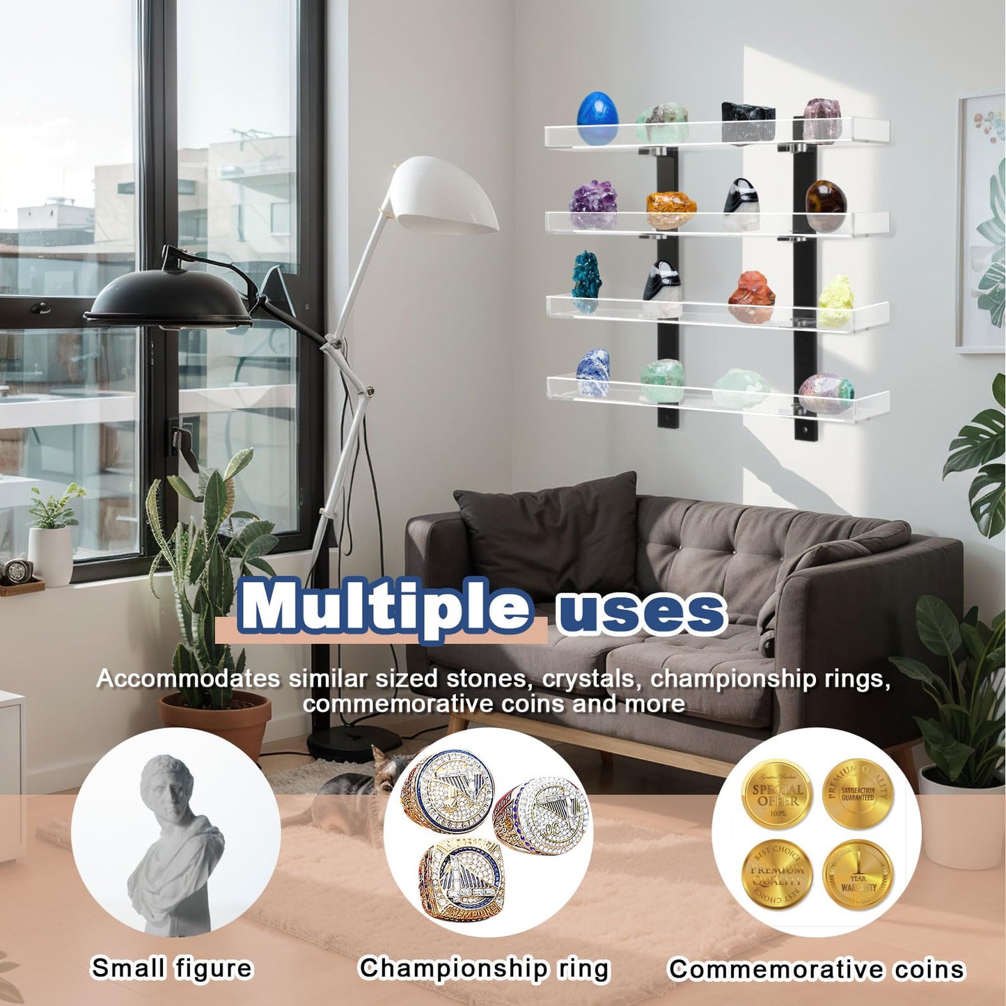 Novabright 4 Layer Acrylic Clear Rock Display Shelves for Wall Floating Shelves Organizer for Stone Collection 11.8" Rock Display for Stone Minerals Gemstones Crafts Figure Perfume for Living Room