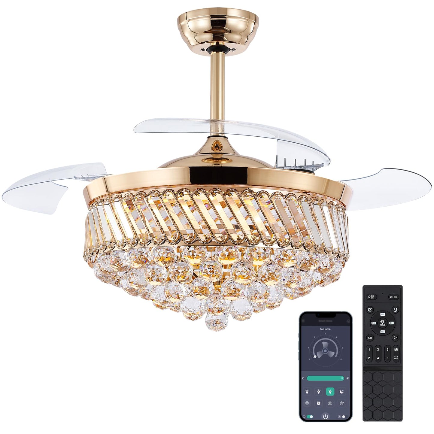 Asyko 48" Golden Crystal Ceiling Fans with Lights and Remote and APP, Modern Retractable Blades Ceiling Fan with 3 CCT for Living Room,Dining Room, Kitchen, Reversible