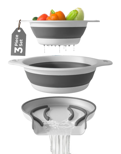 Collapsible Colander Strainer, Includes Over-sink Countertop Draining Base (5QT) Large Kitchen Drainer for Vegetables Fruit and Pasta, Round Foldable Draining Basket, Easy Storage (White)