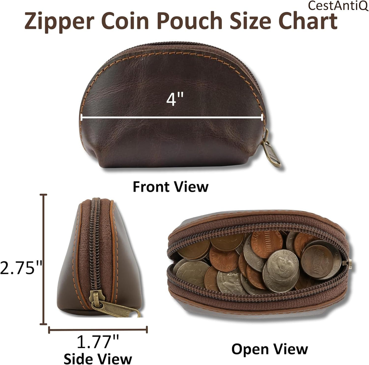 CestAntiQ, Leather Moon Pocket Coin Case, Mini Squeeze Coin Purse Pouch for Change, Dark Brown Leather Coin Holder Tray, Compact Wallet for Men & Women, Stylish & Durable, Elegant Coin Purse