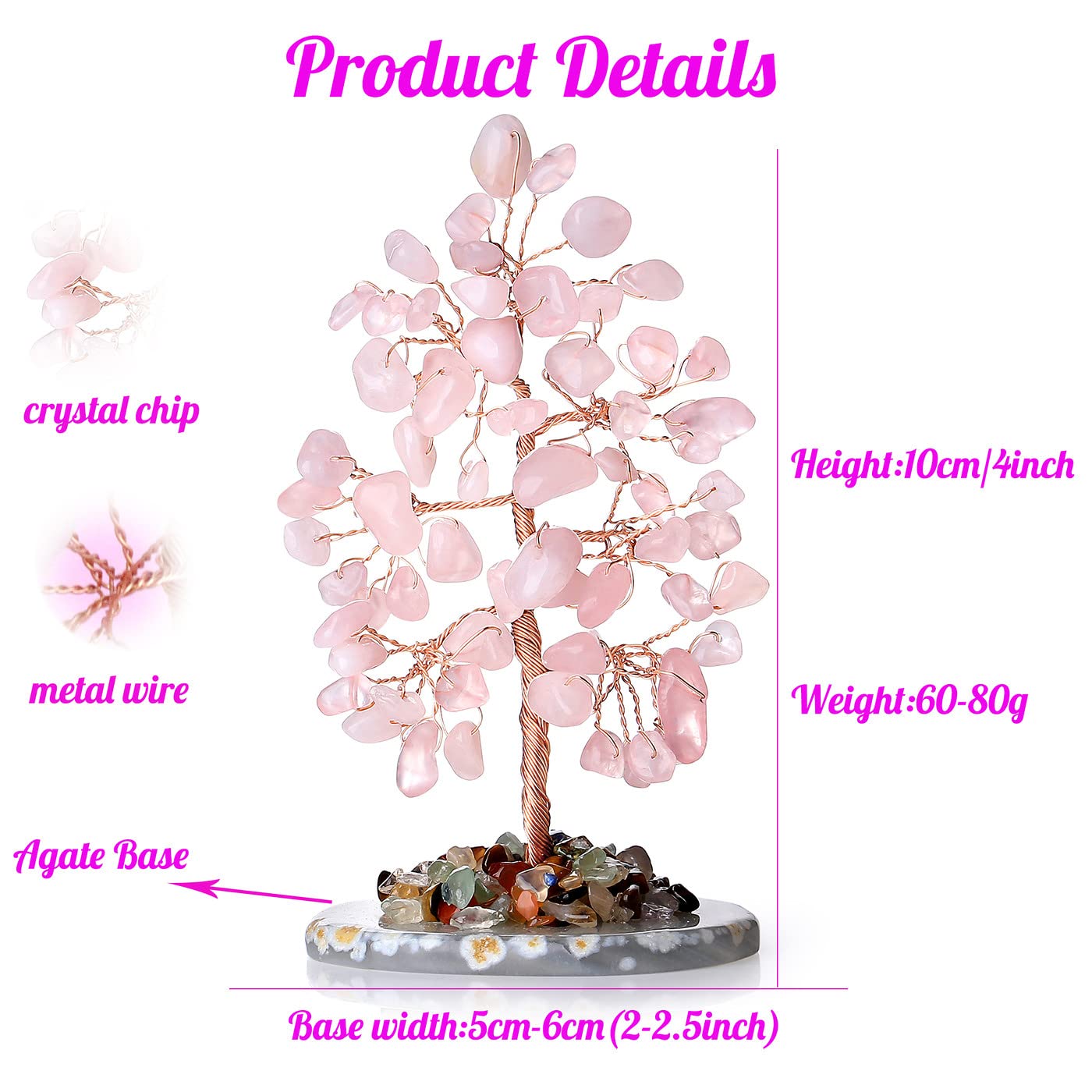 2" Rose Quartz Elephant Decor and Crystal Tree of Life Healing Crystal Cute Polished Natural Stone Hand-Carved Statue Figurines Energy Hippie Home Room Office Desk Decoration Gifts for Women Men