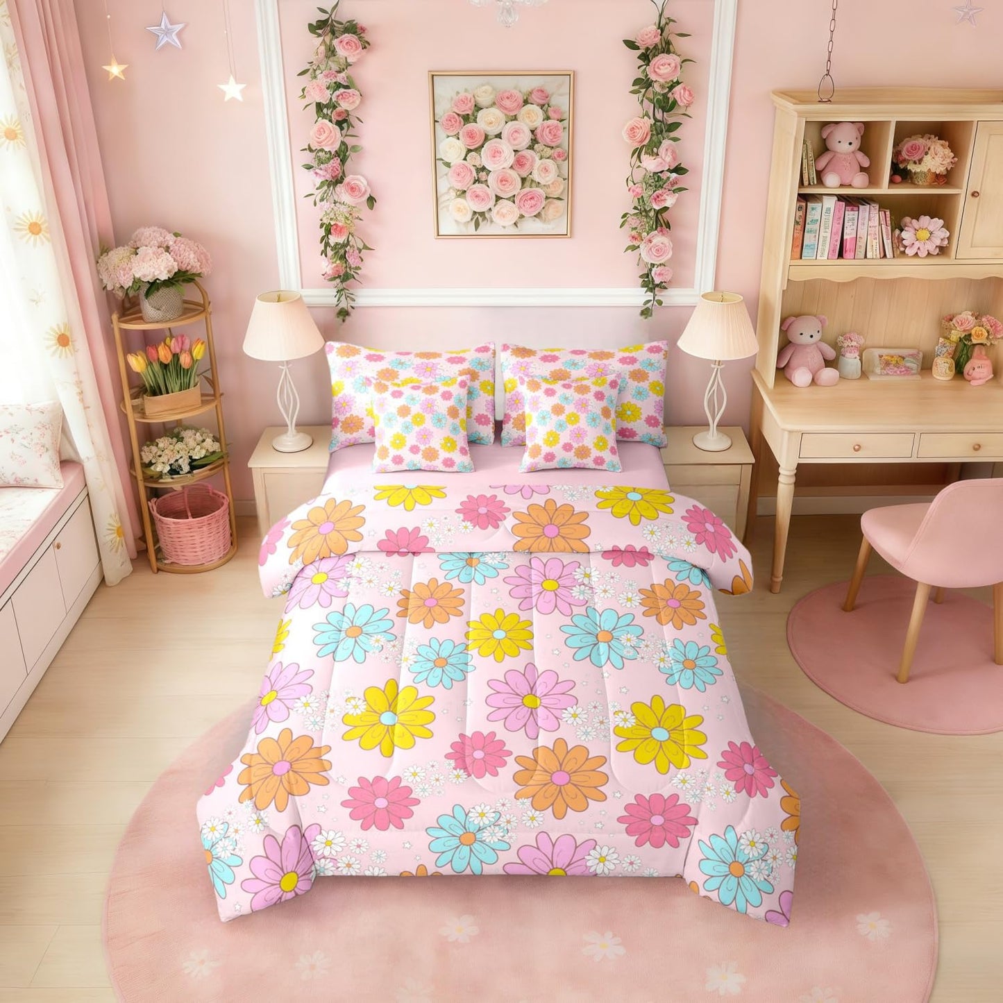 Erosebridal Cute Flower 7 Pcs Bedding Set Twin Size for Teen Girls Cartoon Floral Comforter Set with Sheets for Kids Young Women Kawaii Daisy Bed in A Bag Blue Pink Bed Sets All Season
