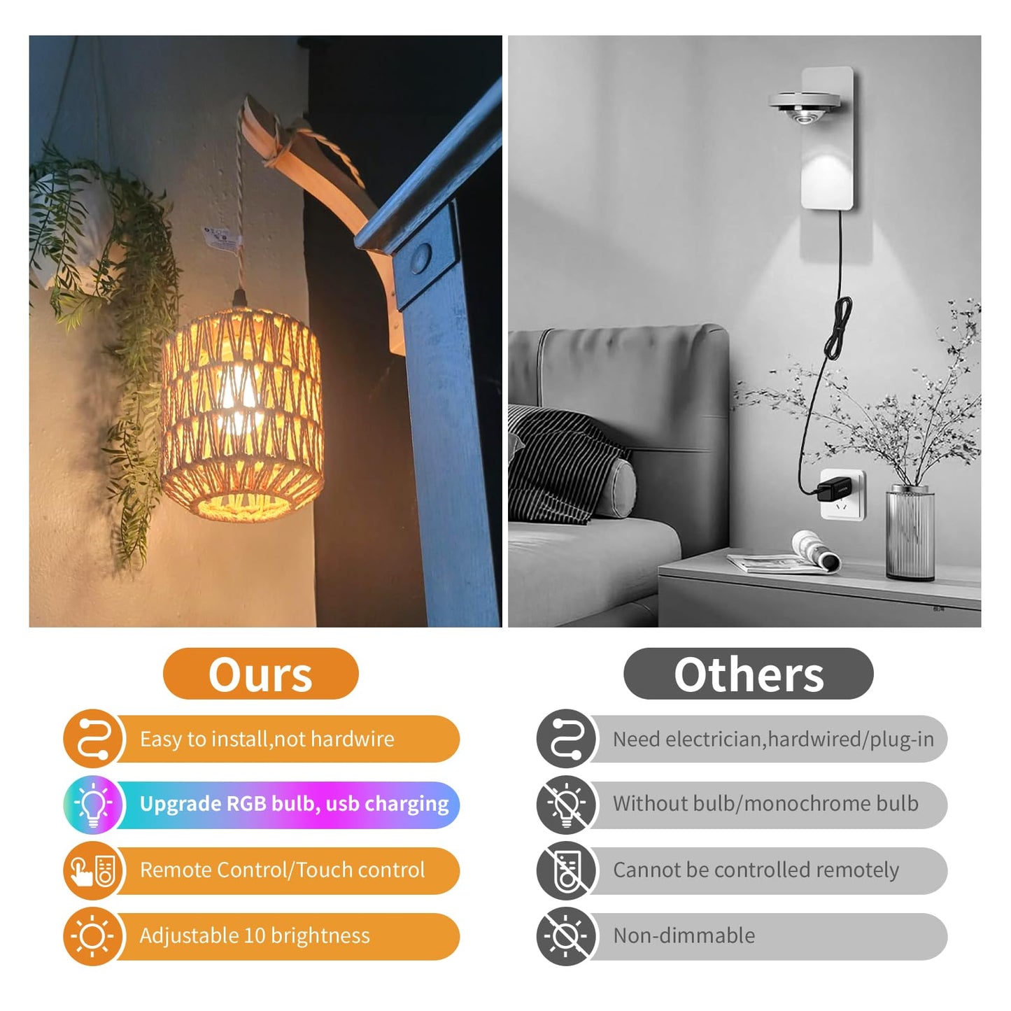 Frideko Boho Rechargeable Wall Sconces Set of Two with Remote, RGB 15 Colors Dimmable Battery Operated Wall Light, Indoor Wireless Wall Lamp with 3 Timer, Farmhouse Rattan Wall Lighting for Bedroom