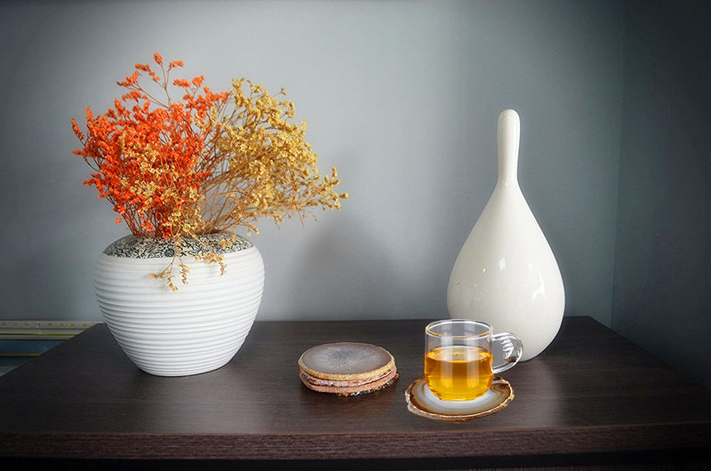 JIC Gem Natural Sliced Agate Coaster with Rubber Bumper Set of 4 (3-3.5", Natural)