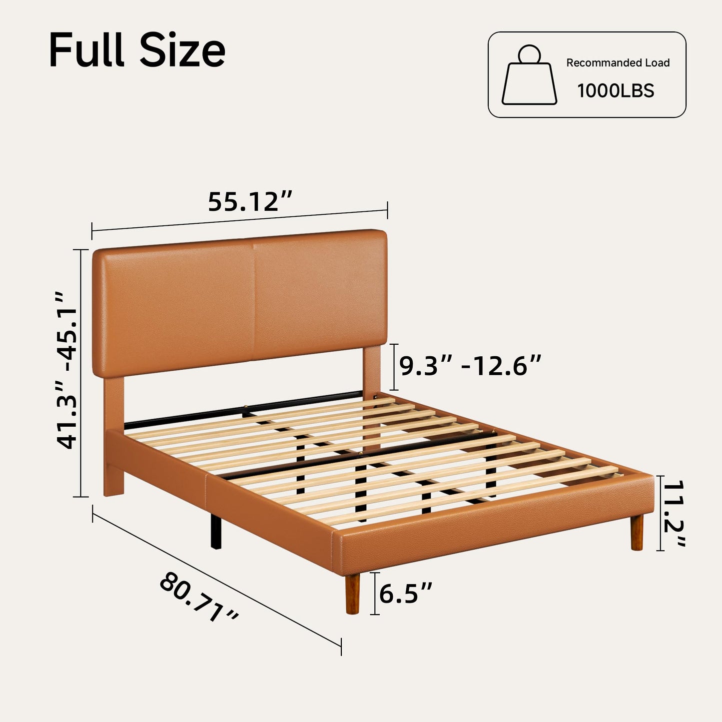 Lcwtvgxr Full Upholstered Platform Bed Frame with Headboard, Faux Leather Modern Bed Frame with Wood Slat Support, No Box Spring Needed, Easy Assembly, Orange-Brown