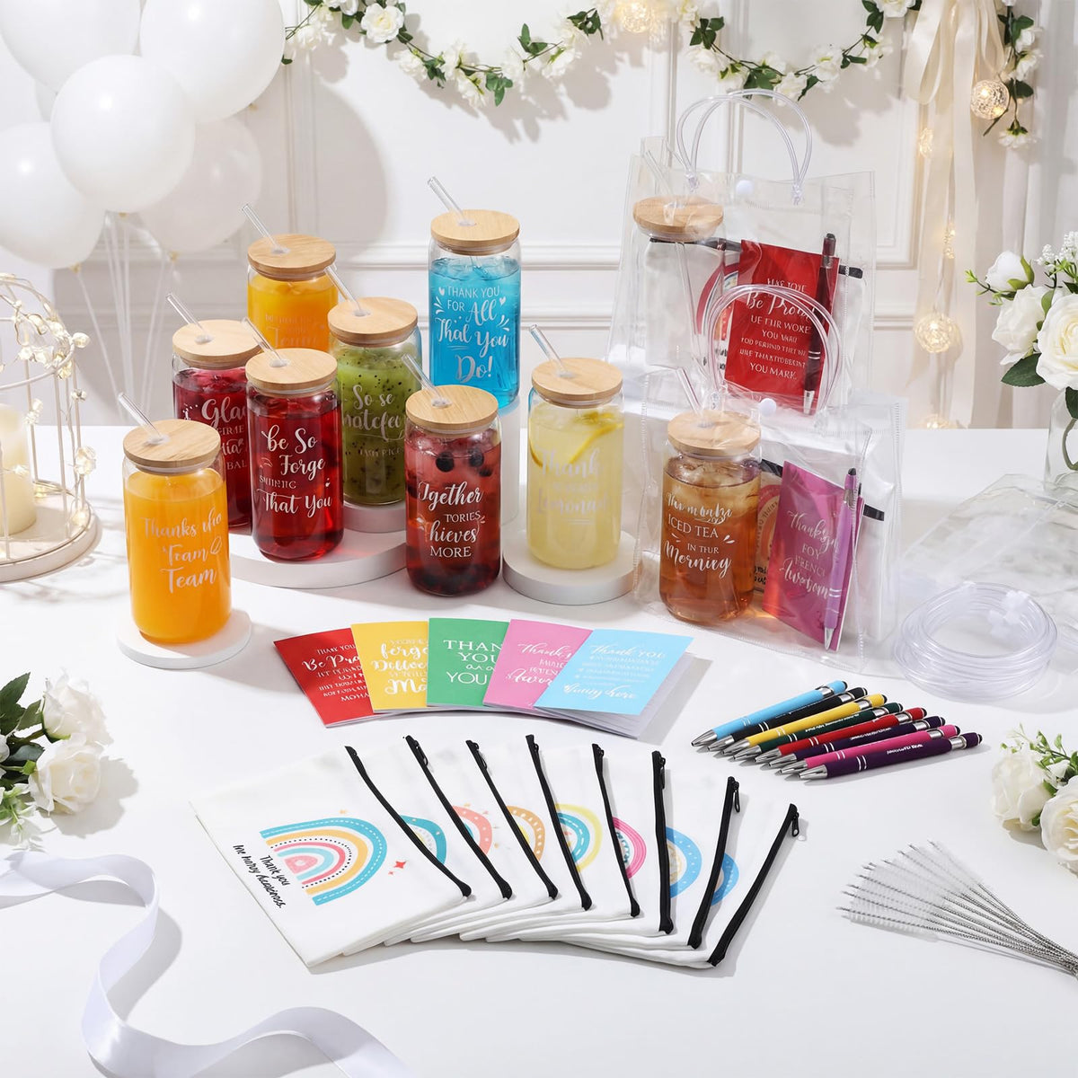 Purpeak 10 Sets 50 Pcs Employee Appreciation Gifts Bulk 16 oz Thank You Glass Cup Inspirational Cosmetic Bag Notepads Pens PVC Bag for Administrative Professionals Day Ot Month Coworker Teacher Nurse