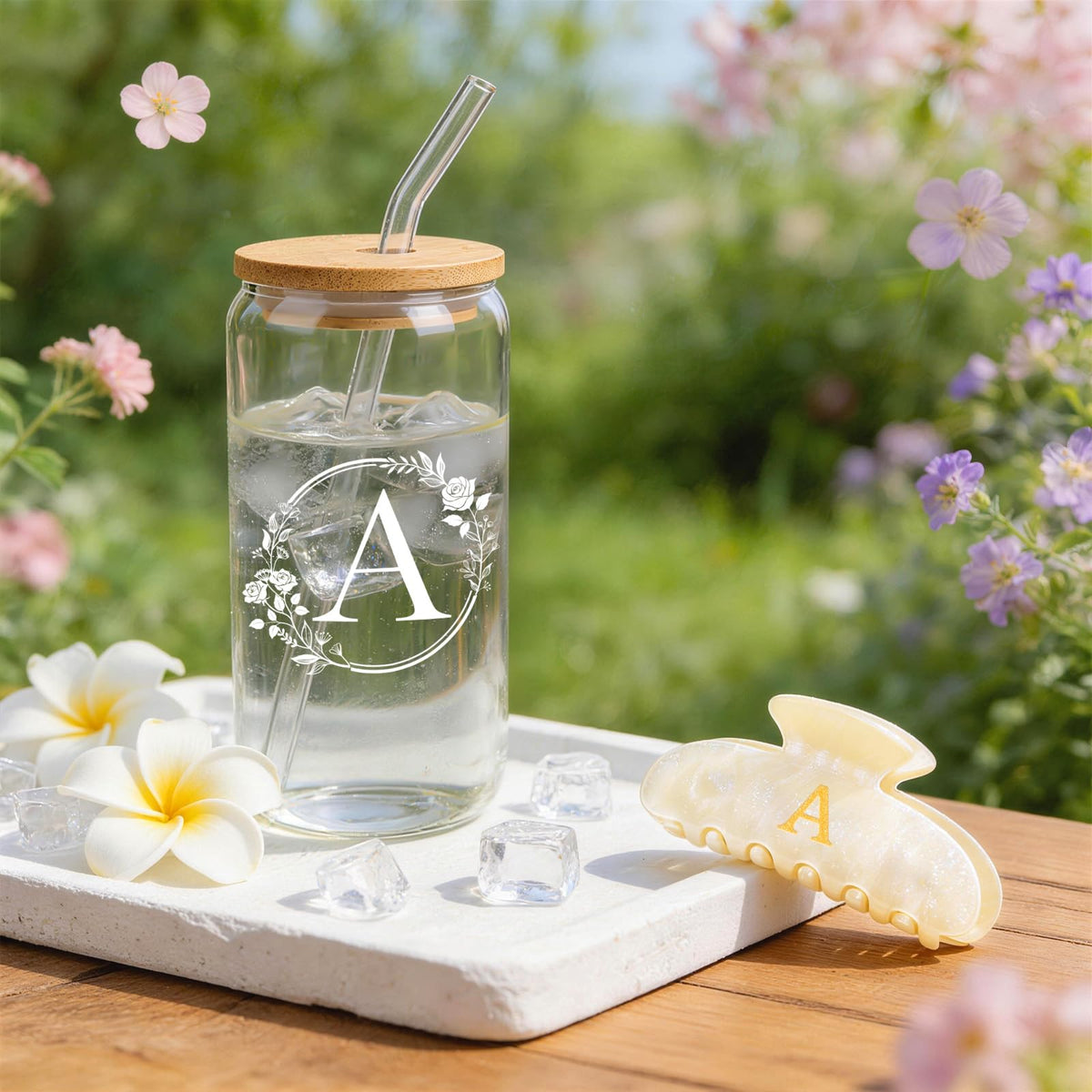 A-Z Personalized Gifts for Women - Initial Cute Hair Clips + Glass Cups w/Lids Straws, Makeup Bag Monogrammed Gift for Women，Unique Ideas Birthday Gift for Her, Christmas & Bridesmaid Gifts, A
