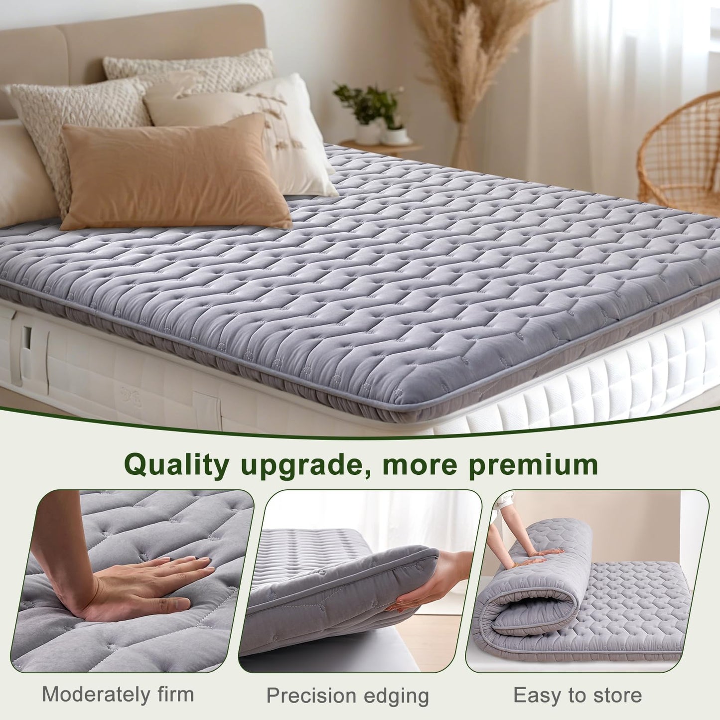 Premium Foam Mattress Topper Twin – Medium Firm Supportive Bed Topper for Pressure Relief, Hypoallergenic & Breathable Mattress Pad, Stain-Resistant Gray (Twin Size: 75×39 Inches)