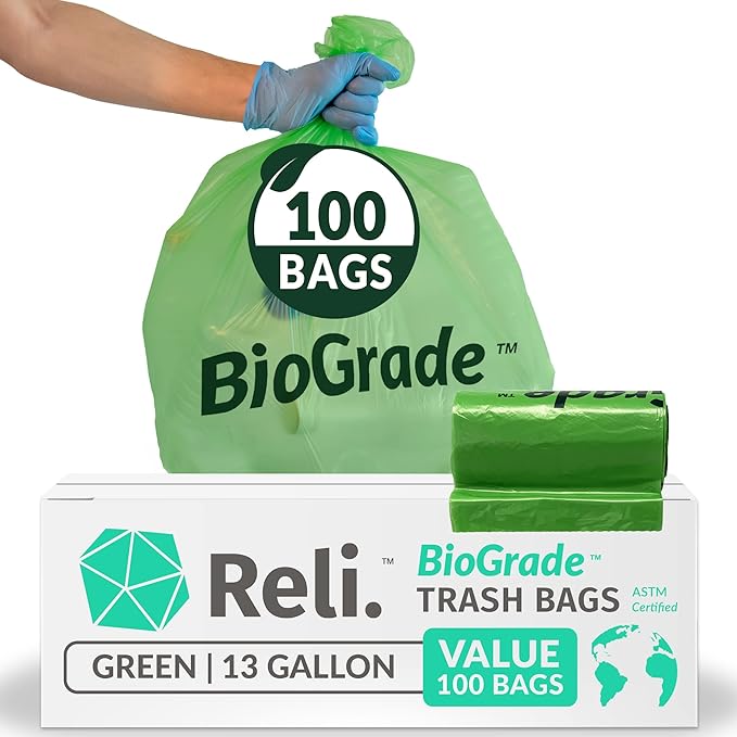 Reli. Biodegradable 13 Gallon Trash Bags | 100 Count | ASTM D6954 | Green |